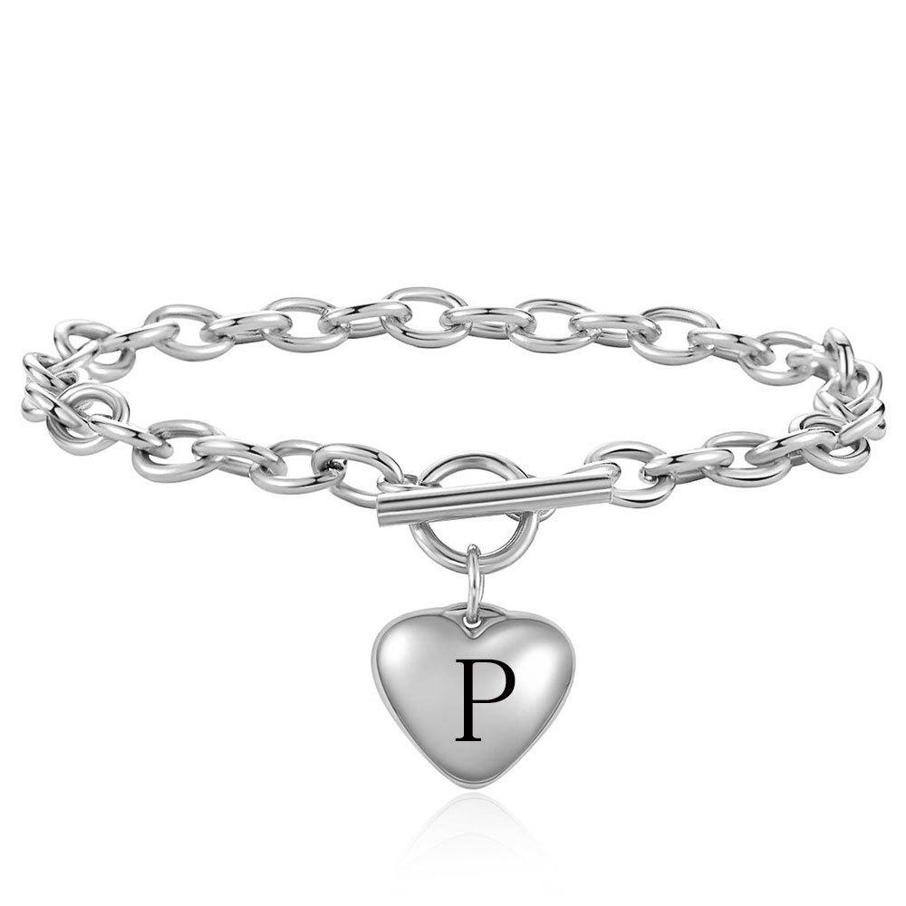 Stainless Steel Heart Bracelet with 26 Letter Pendant and OT Clasp, Customizable Laser Logo