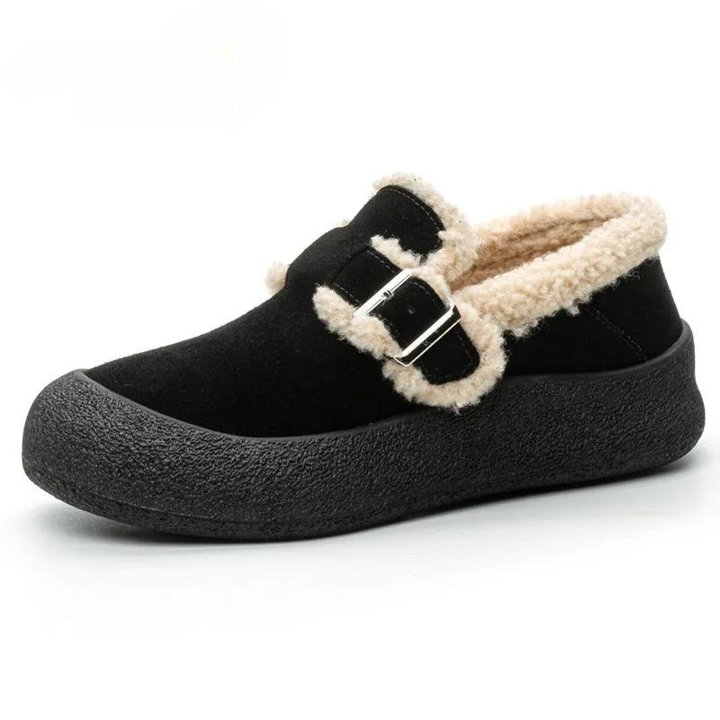

Fashion Metal Belt Buckle Decorative Sneaker Women Winter Warm Velvet Genuine Leather Loafers Comfortable Plush Large Size Flats 43