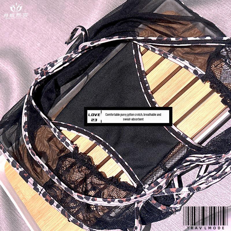 Elegant Leopard Print Lace Cross Breathable Triangle Underwear for Women