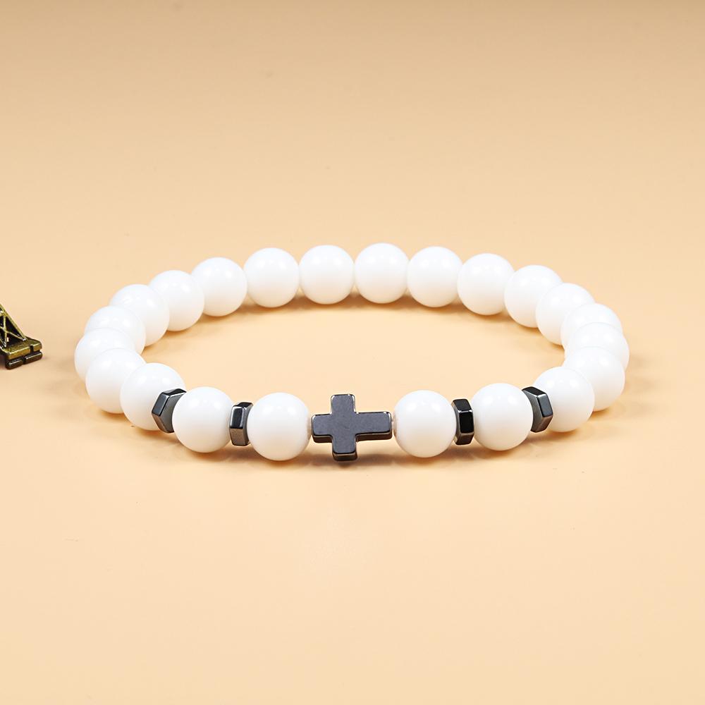 Dropshipping Hot Men Natural Lava Stone Bead Bracelets Hematite Cross Rosary Meditation Prayer Jesus Bracelet Women Yoga Jewelry