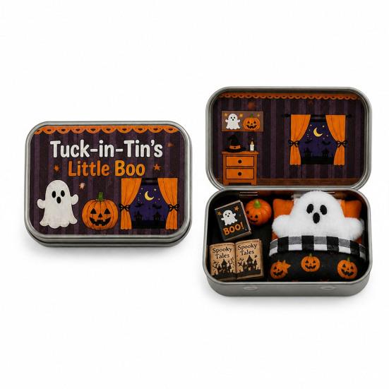 Halloween Cabin Illustration Mini Tin Box Gift, Plush Ghost with Haunted House Gift Scene, Collectible Micro Theater for Kids, Party Favor Dolls