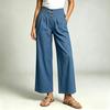 Women Casual Elastic Waist Wide Leg Pants High Waist Straight Leg Trousers with Button Detail and Side Pockets for Everyday Wear
