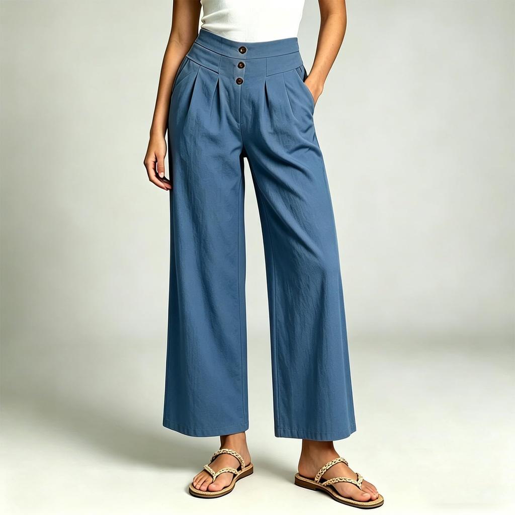 Women Casual Elastic Waist Wide Leg Pants High Waist Straight Leg Trousers with Button Detail and Side Pockets for Everyday Wear