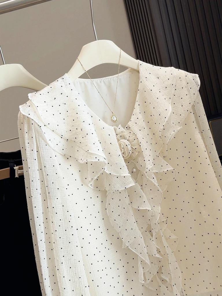 Women's French Ruffle Polka Dot Chiffon Shirt - Spring 2026 Design, Long Sleeve