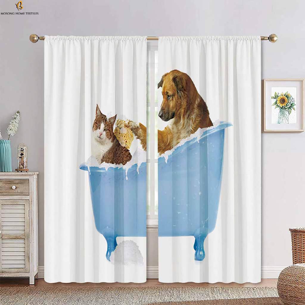 Cartoon Animal Dog Stereo Printing Curtain Bedroom Living Room Dining Kids Decorative Curtains Set Of 2 Made Polyester With Rod Pocket Sitting Decor