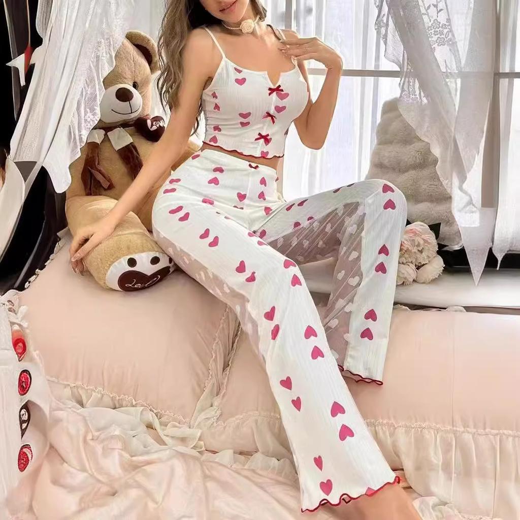 Half Transparent Letter Love Cheery Print Women Pajama Set Button V Cut Neck Top & Full-Length Pants Female 2 Piece Sleepwear