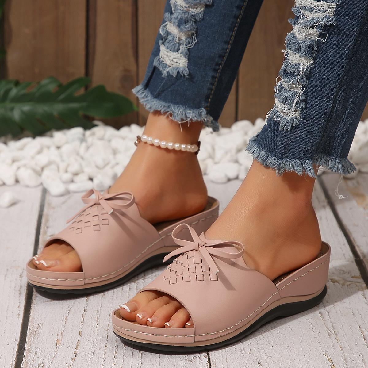 

2025 new foreign trade summer slope heel fish mouth slippers women s shoes casual large size thick heel slippers bow solid color 43