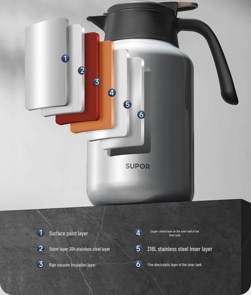 Supor Insulated Kettle: Home Use, Long-lasting Heat, Tea Separation, Double-Layer Chamber, Stewing & Brewing Functions.