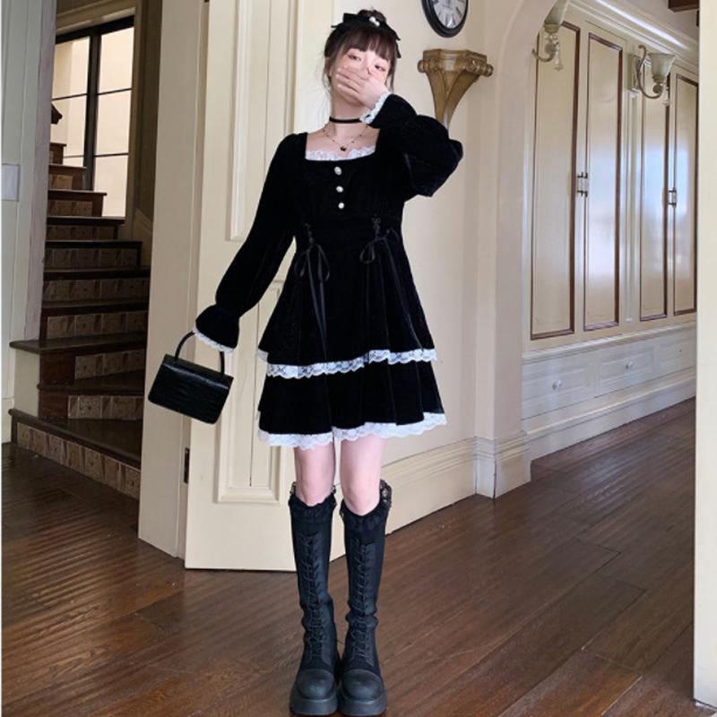 Zimní krajka Lolita Šaty Party Kawaii Oblečení Neformální Černý Samet Y2k Mini Šaty Gotické Černé Sametové Jednodílné šaty Korea