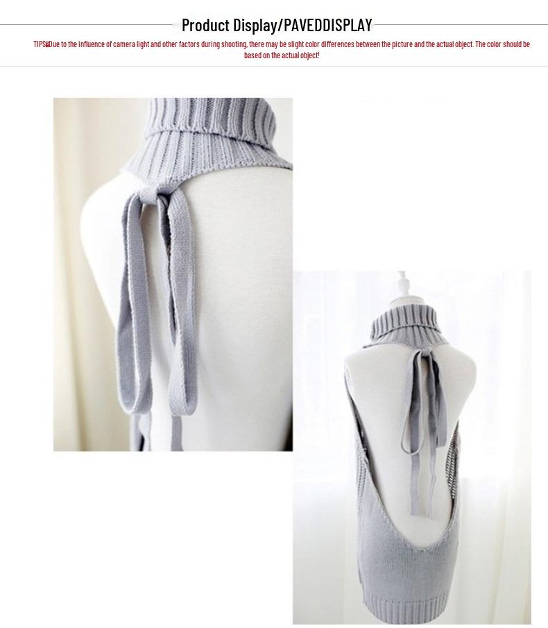 2025 Spring Sexy Backless Knitted Pullover Women’s High Neck Sleeveless Sweater Girl Bun Cos