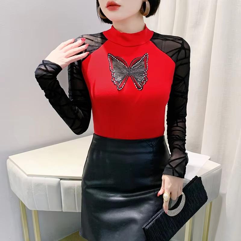 Spring Autumn Classic Butterfly Hot Diamonds T-Shirt Sexy Women Cotton Tees Fashion Streetwear Girl Tops Shirts