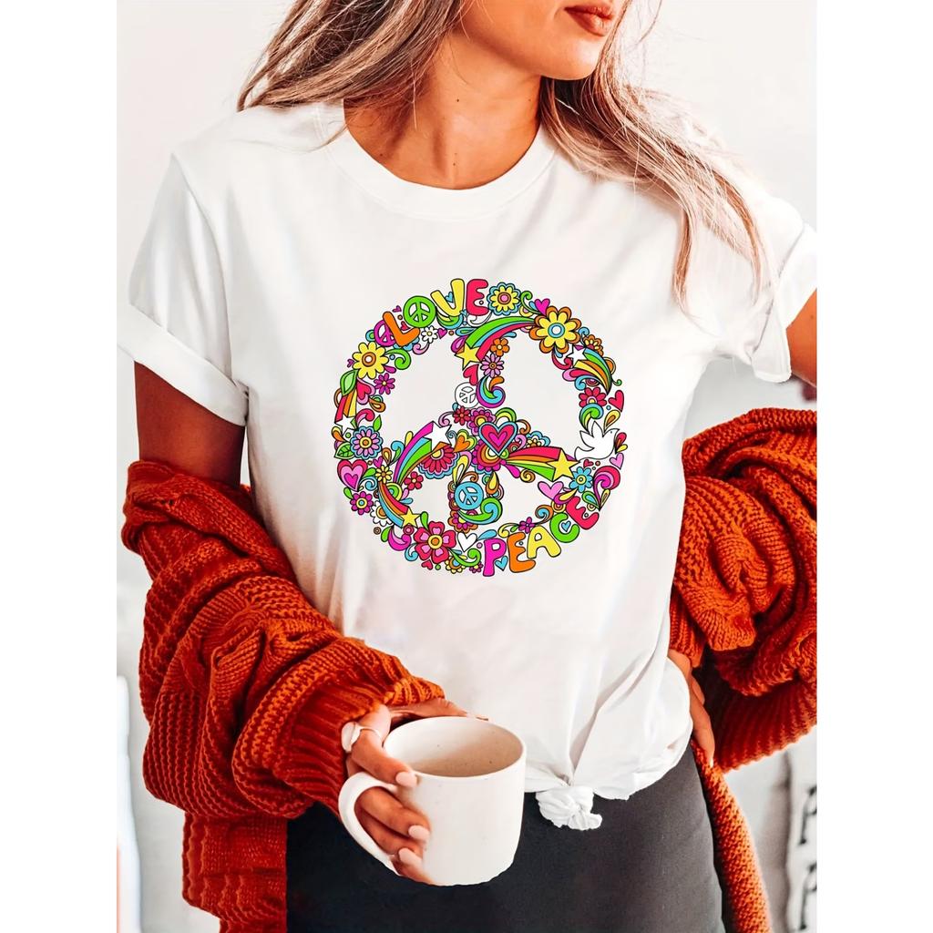 Women's Love Peace Floral Print T-Shirt - Short Sleeve Crew Neck Casual Top with Vibrant Rainbow Colors