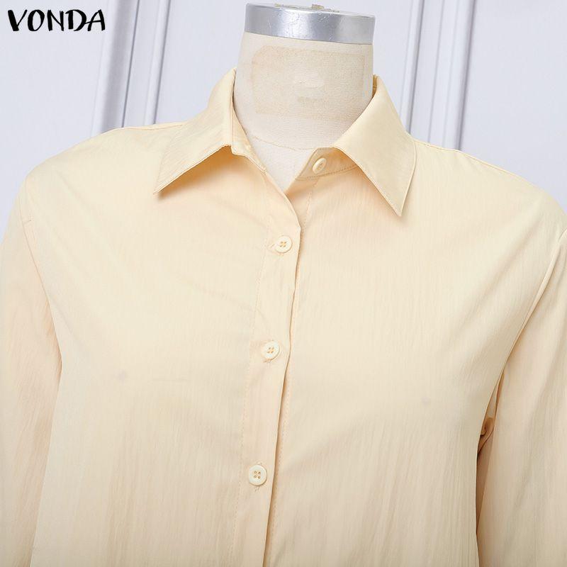 VONDA Women Elegant Lapel Neck Long Sleeve Baggy Pleated Casual Long Shirts Dress