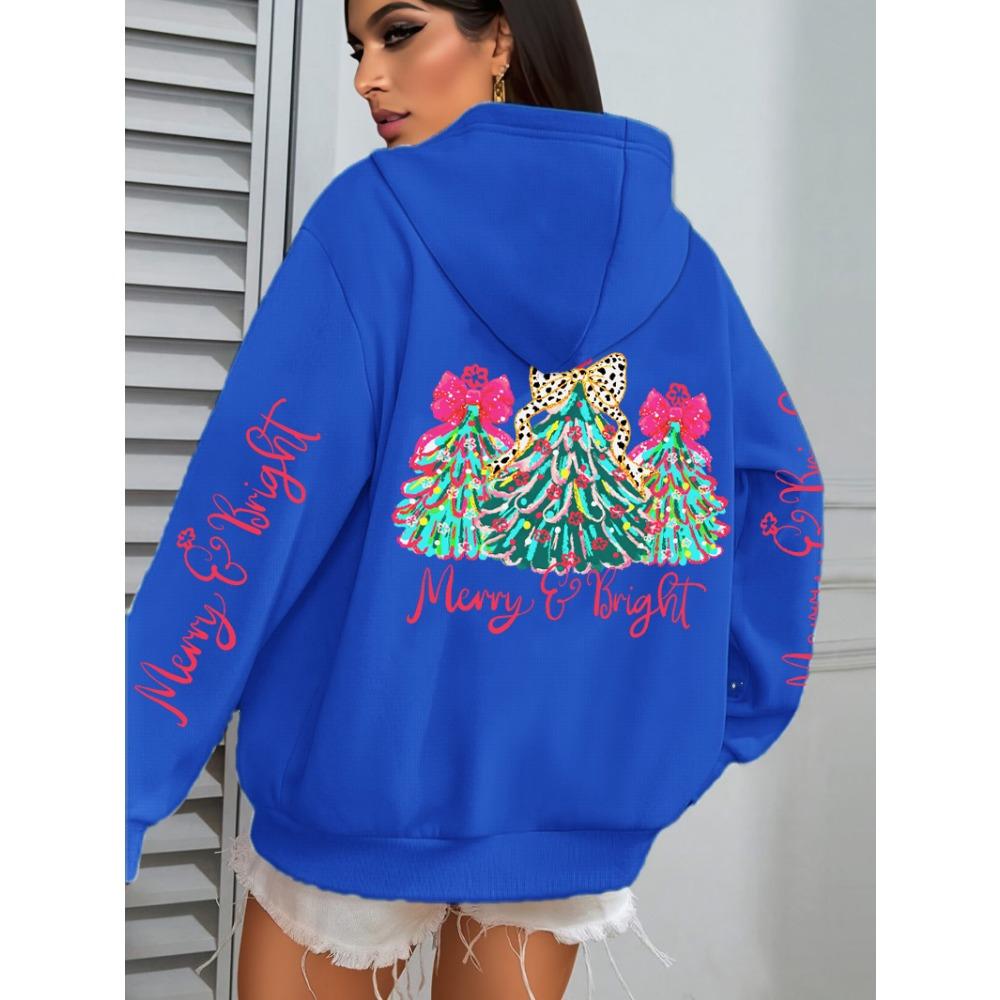 Merry Christmas Colorful Trees Printing Women Hoodies Loose Casual Hoody Autumn Y2K Pocket Streetwear All-Match Clothes
