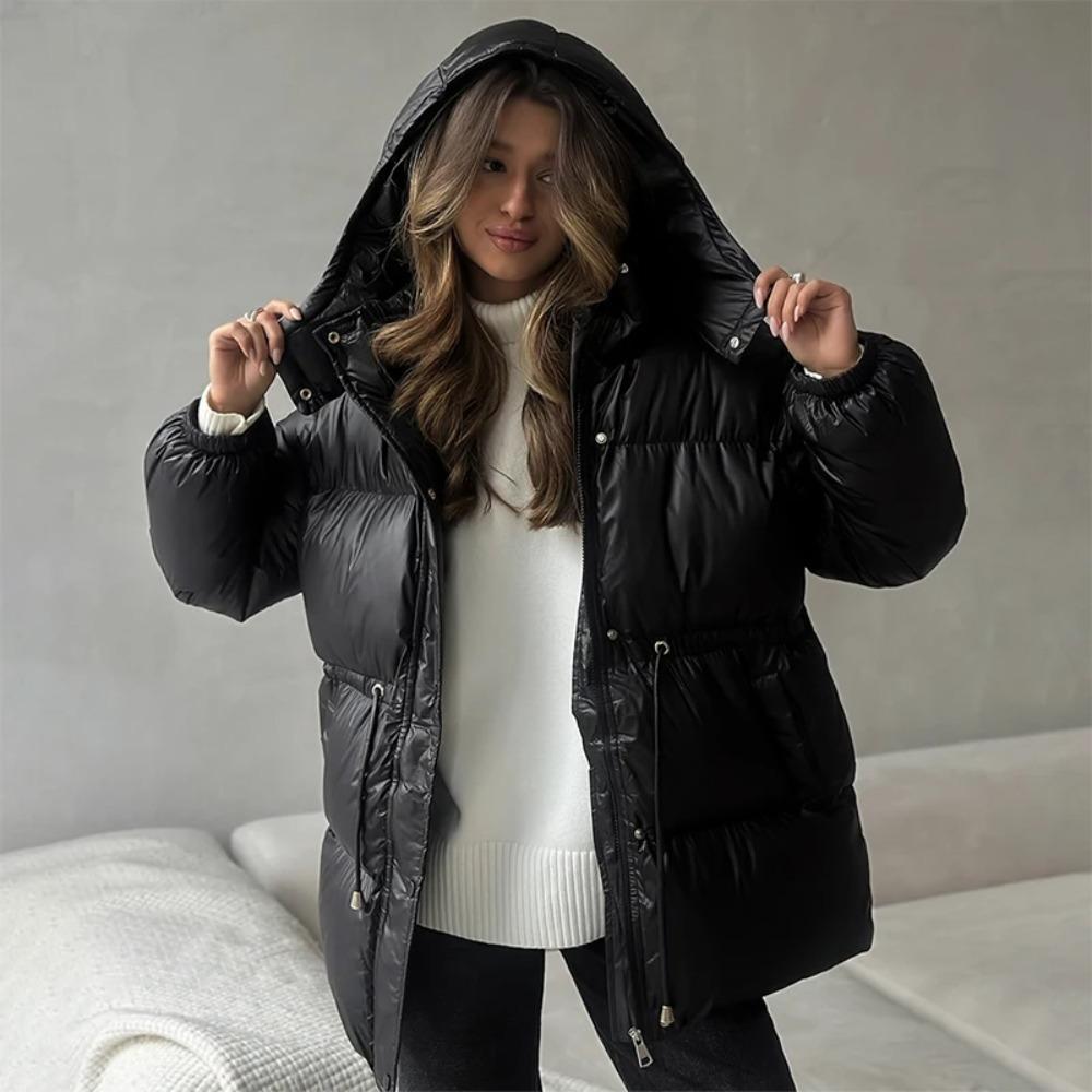 Women's Hooded Down Jacket Drawstring Waist Warm Parker Coat Solid Pocket Zipper Outwear Thicken Long Sleeves Coats