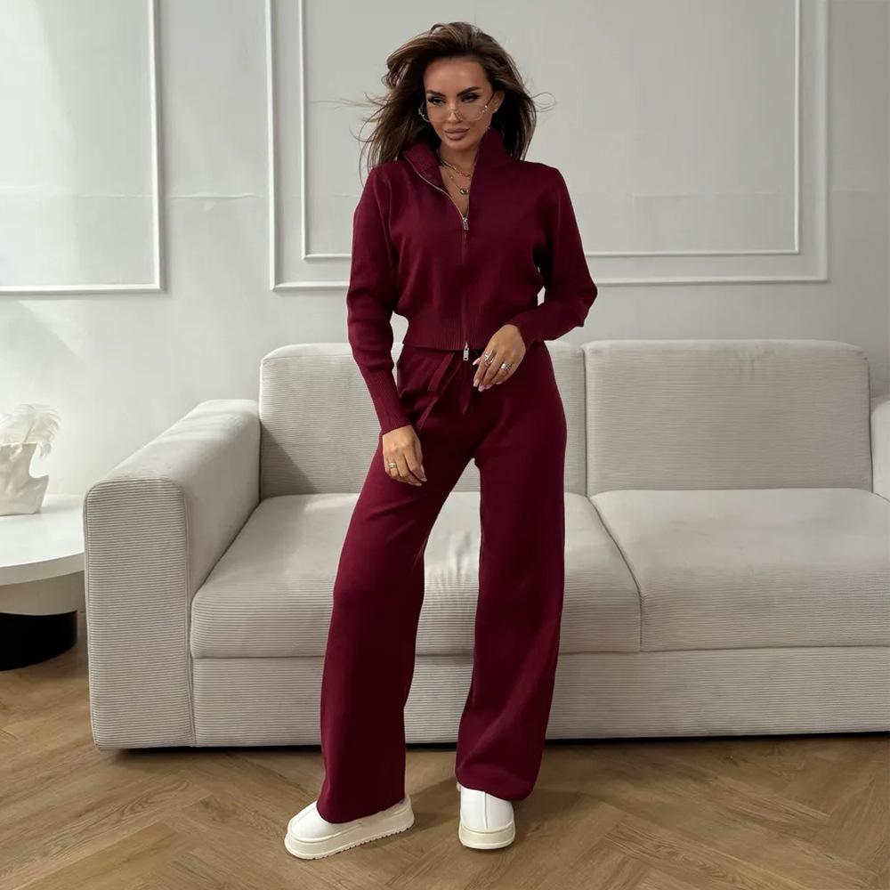 Women's Knitted Ribbed Zip Up Sweatshirt and Wide Leg Trousers Set In Pink