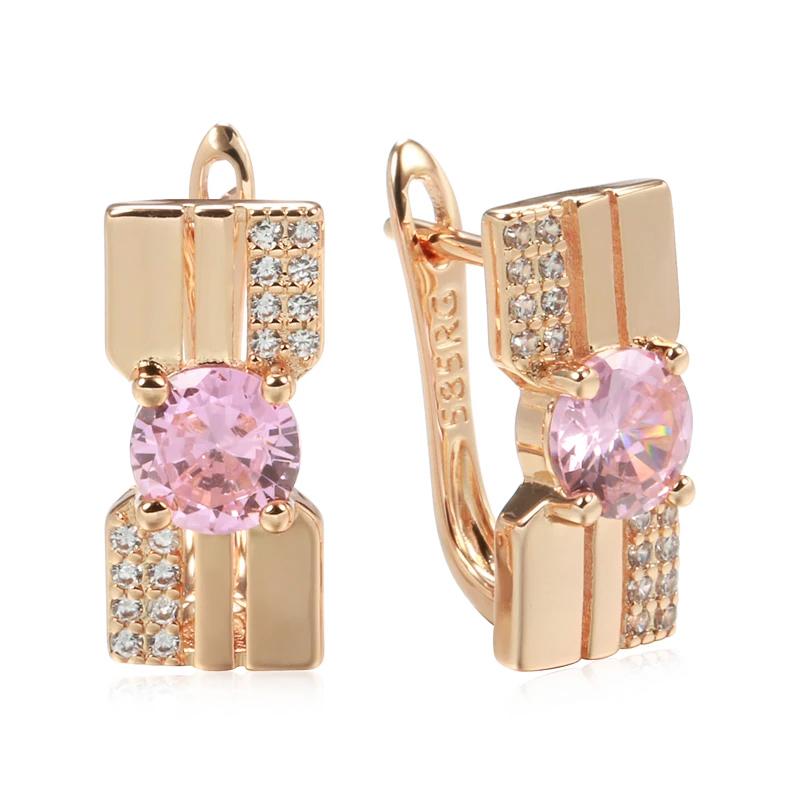 Luxury Pink Princess Cut Natural Zircon Dangle Earrings For Women Rose Gold Bride Earrings Lady Gift Wedding Jewelry