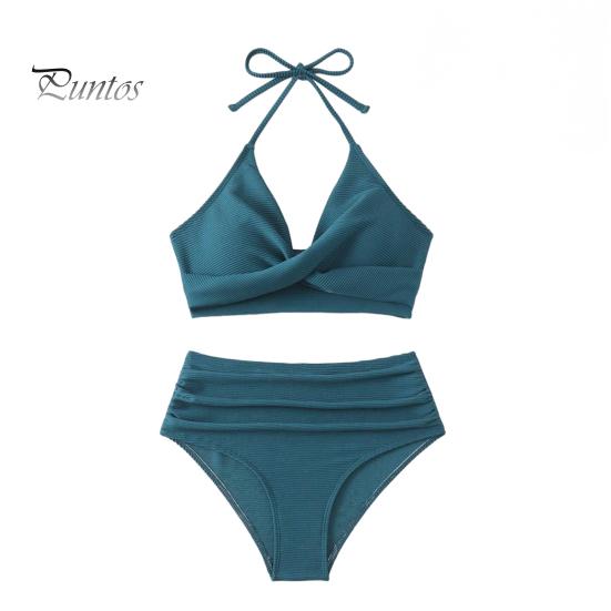 

Комплект из 2 предметов: летний комплект бикини, бюстгальтер с лямками на шее и плиссировкой, плавки с высокой талией, однотонный купальник S зелёный