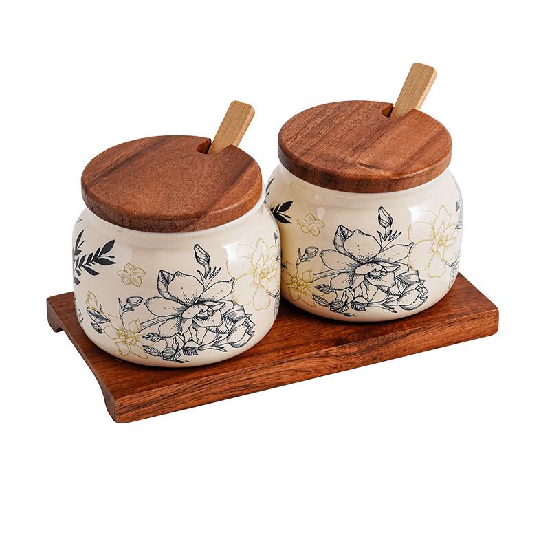 Новая керамическая банка для специй в китайском стиле с бамбуковой ложкой и деревянным поддоном
