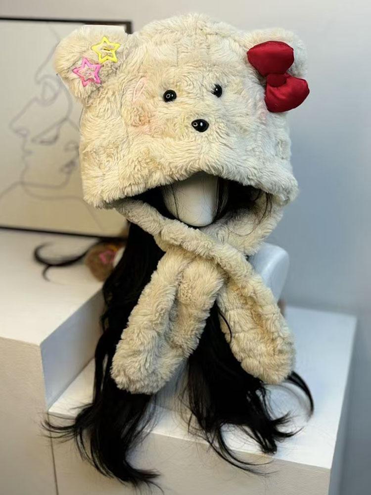 Original cute plush bear hat versatile face little girl atmosphere warm bow ear hat One size