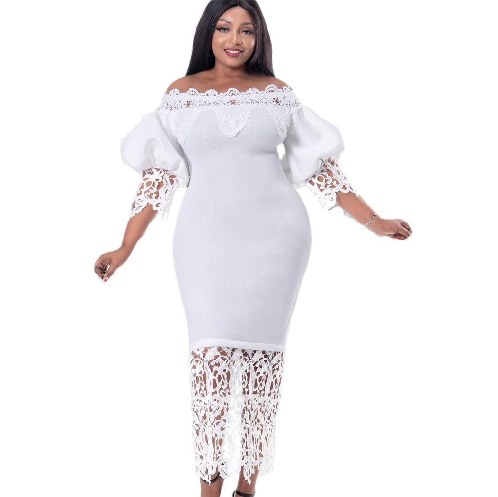 D247 Off-Shoulder Cold-Shoulder Bodycon Dress with Lace Patchwork and Lantern Sleeves
