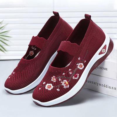 Women'S Floral Embroidered Flat Shoes Breathable Knitted Soft Sole Walking Shoes Woman Lightweight Comfort Slip On Casual Shoes