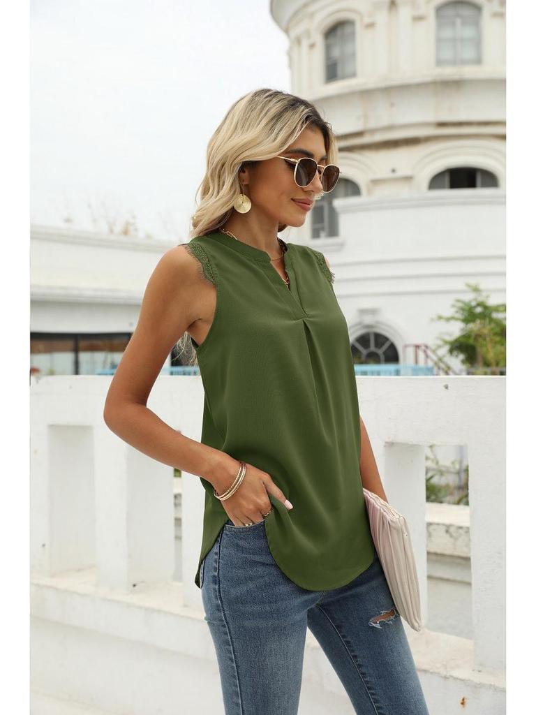 European & American Women's Fashion: Spring/Summer Solid Color V-Neck Sleeveless Shirt with Lace Trim