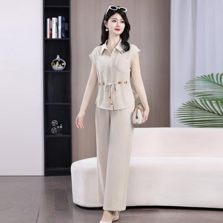 

Women s Plus Size Cotton Silk Short Sleeve Drawstring Suit: Loose Fit & Slimming Wide Leg Pants 3XL for 140-150 lbs