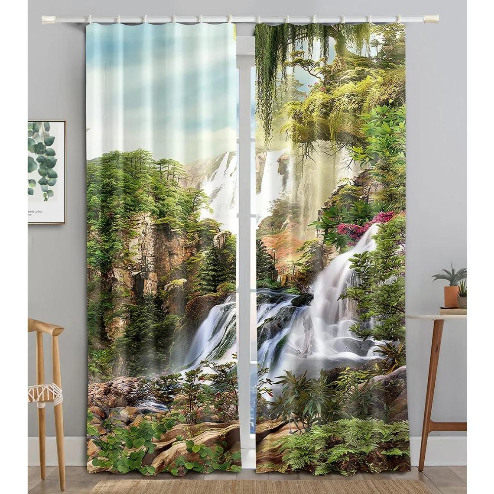 3D Printed Sunshine Forest Waterfall Curtains for Bedroom Drapes Mountain Stream Natural Landscape Window Curtain Living Room