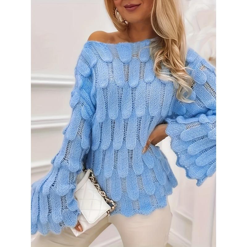 Solid Cut Out Knitted Pullover Sweater, Elegant Flared Sleeve Sweater, Women's Clothing