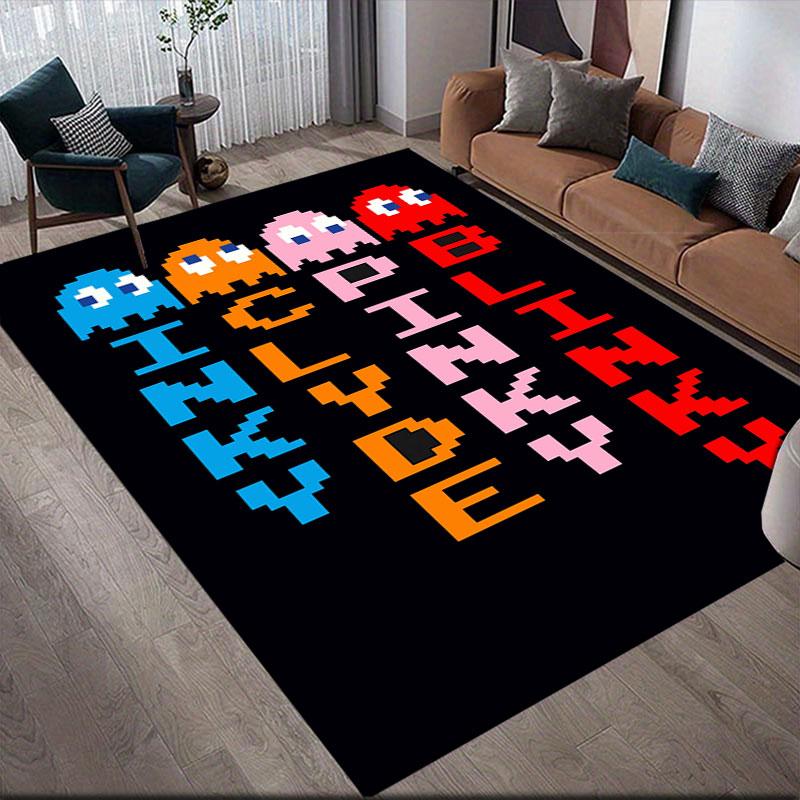 Pac‑Man Cartoon Flannel Printed Carpet, Home Sofa Decoration for Living Room & Bedroom, Non‑Slip Play Flannel Floor Mat for Game Room