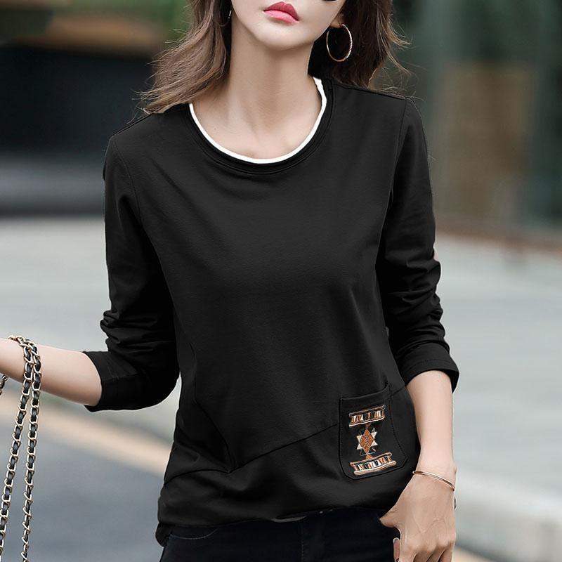 Spring Autumn Fashion Spliced Embroidery Pockets T-Shirt Women's Clothing Oversized Casual Pullovers Loose Tees