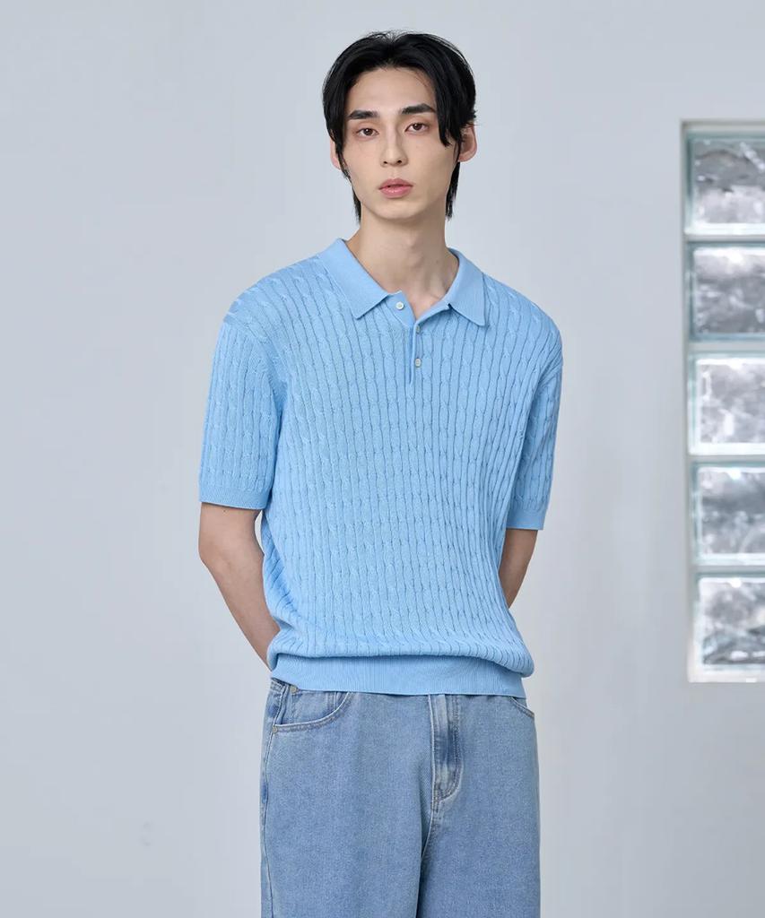 AGOD Cotton Modal Washable Button Collar Cable Half Knit [Sky Blue]