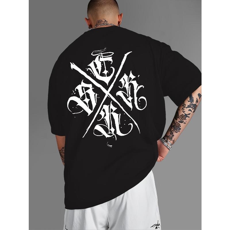Men S Fashion T-Shirt With Geometric Pattern And Letter Combination Print | Casual Crew Neck, Regular Fit, Short Sleeves For Summer S чёрный