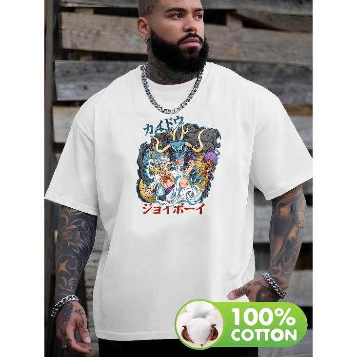 Men's Anime Dragon & Warrior Graphic Cotton T-Shirt - Retro Streetwear Tee with Loose Fit, Short Sleeve Round Neck, Vibrant Dragon & Warrior Print,