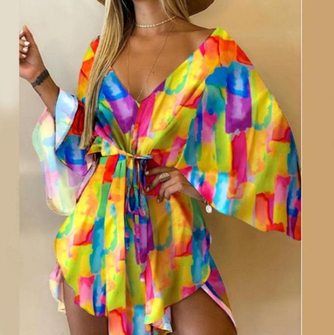 

Летнее женское сексуальное платье с v-образным вырезом и нерегулярными рукавами «летучая мышь» 3XL разноцветный