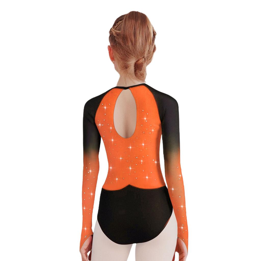 Girls Gymnastics Leotard Sheer Mesh Long Sleeve Keyhole Back Shiny Rhinestones Color Block Costume
