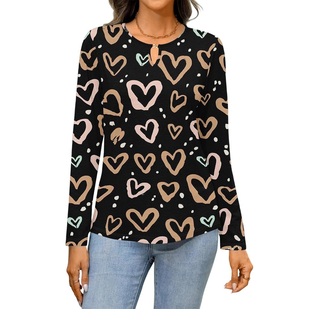 Women's Casual Round Neck Hollow,out Pullover Long Sleeve Valentine's Day Heart Print T,shirt Top