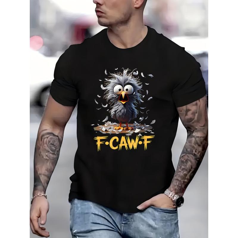 

European sizes F-Caw-F Messy Bird Shocked Face Feather Chaos Cartoon Humor T-Shirt - Crew Neck Short Sleeve Casual Tee with Vibrant Digital Print S чёрный
