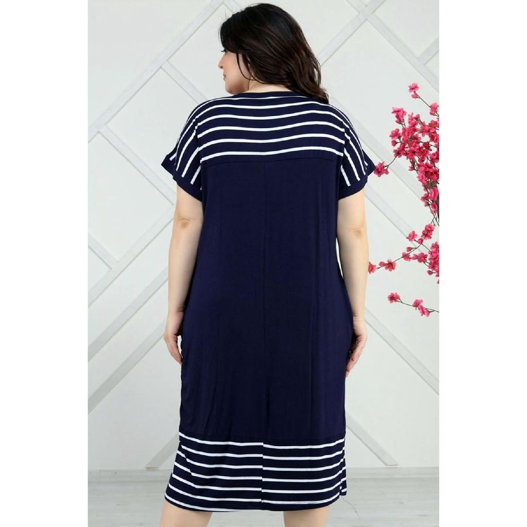 Round Collar Olive Branches With Striped Block Short Sleeve Comfortable Dress