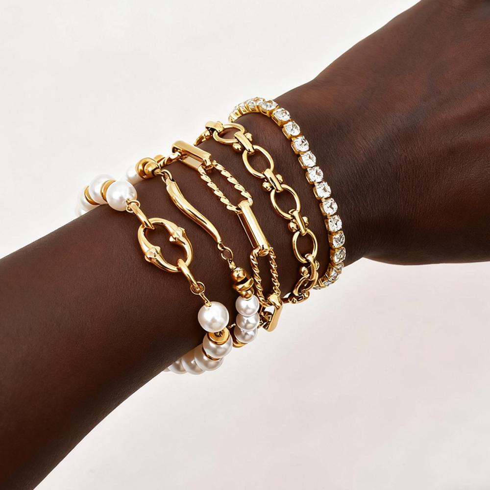 Elegant Pearl Cubic Zirconia Bracelets for Women, Stainless Steel Stackable Bracelet Chunky Jewelry
