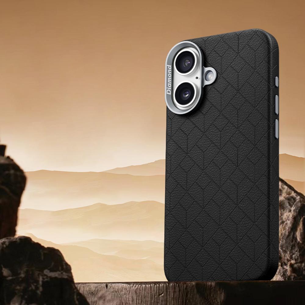 For iPhone 16 Plus Case Compatible with MagSafe Metal Lens Frame Y Pattern PC+PU Phone Cover
