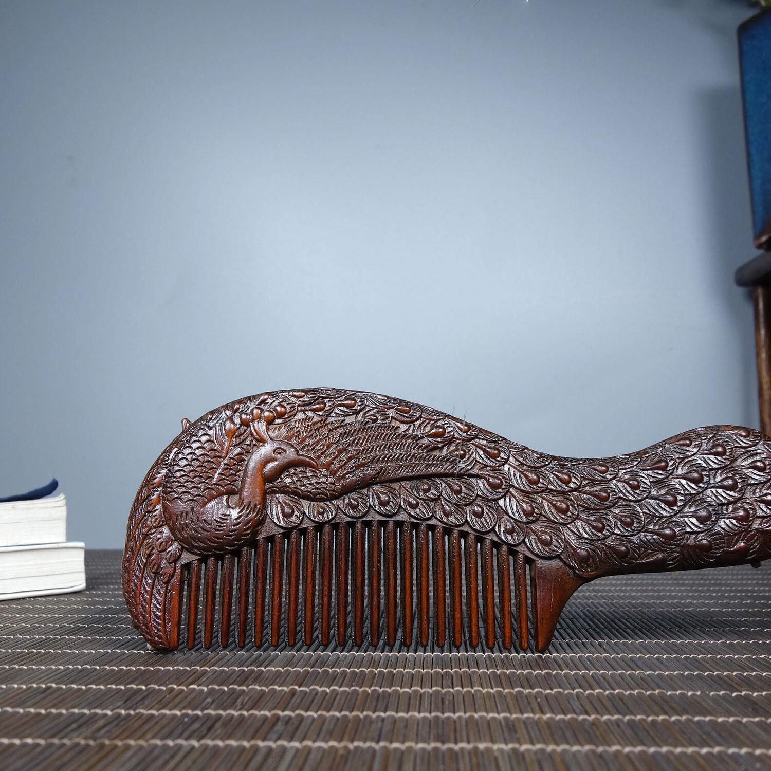 

Китайский Антикварный Винтажный Резьба по Дереву Палисандровая Расческа Статуэтка Павлина Деревянное Искусство CHINA