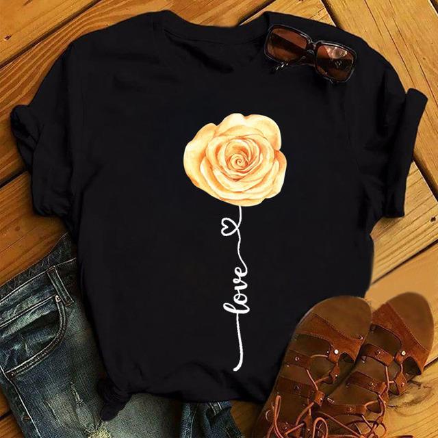 New Fashion Women Black T Shirt Friends Gift Flower Love Print Cute Tee Shirt Female Harajuku Tops Woman Short Sleeve T -Shirts
