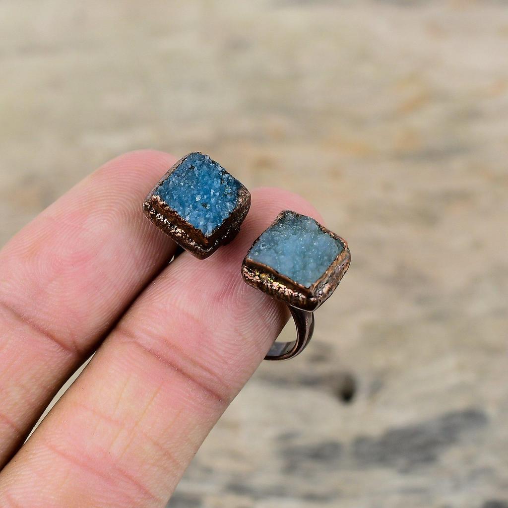 Blue Druzy Ring Electroformed Copper Ring Adjustable Ring Blue Druzy Jewelry Handmade Real Gemstone Rings Gift For Him Electroformed Jewelry