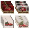 4pcs, Vintage Pickup Truck Merry Christmas Placemats, Linen Red Black Buffalo Plaid Truck Christmas Tree Christmas Table Mats, 12*18 Inch Winter