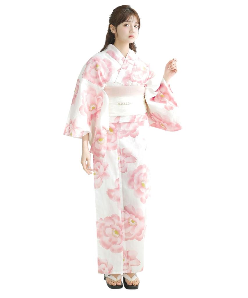 Yukata Pink and White Floral Watercolor Large Easy to Wear by One Person no Gensou FREE (Dita) Women's 5-Piece Set, Pattern, Girly, Pattern, Natural,