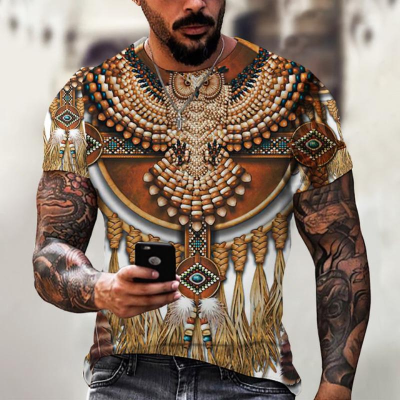 Men's Shirt Casual Harajuku T-shirt Animal Summer Retro Indian Print Men's Street Crew Neck Short Sleeve Design Large