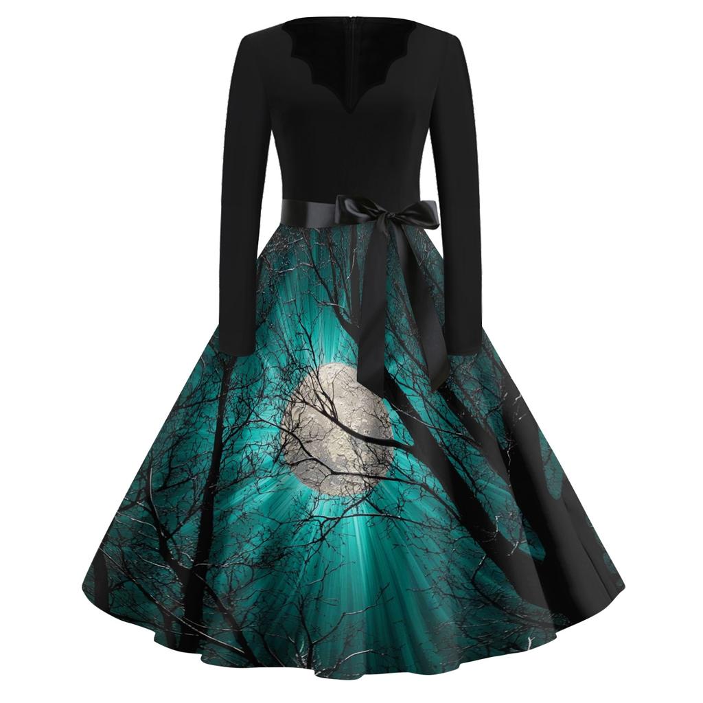 Women Casual Vintage V Neck Dress Halloween Printed Long Sleeve Retro Swing Dress with Waist Tie Belt for Daily Wear