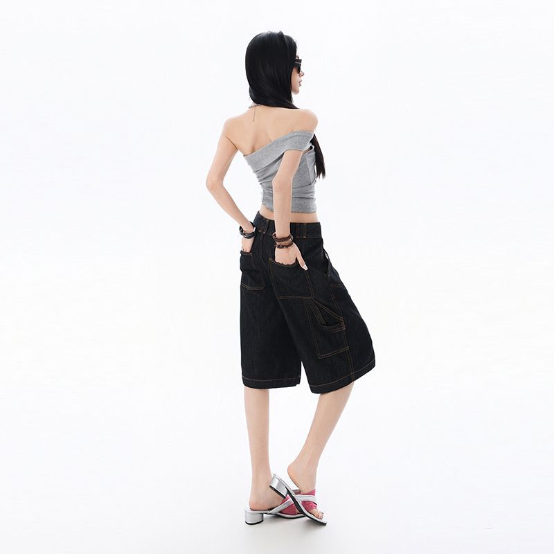 Trendy Summer Niche High Street Designer Slimming Loose Wide Leg Cropped Capri Denim Pants For Women Versatile Loose Straight Streetwear